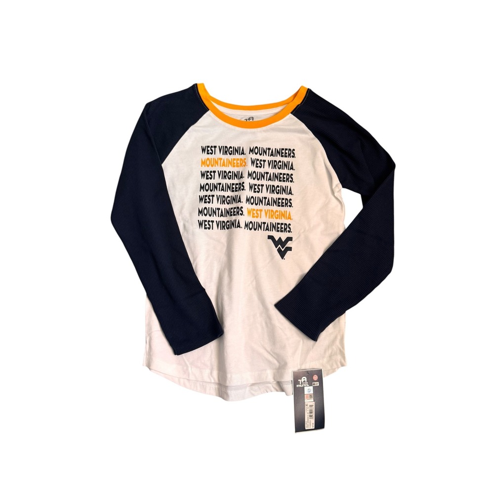 Team Athletics West Virginia Mountaineers Girls Raglan Top Navy White 10/12 NEW
